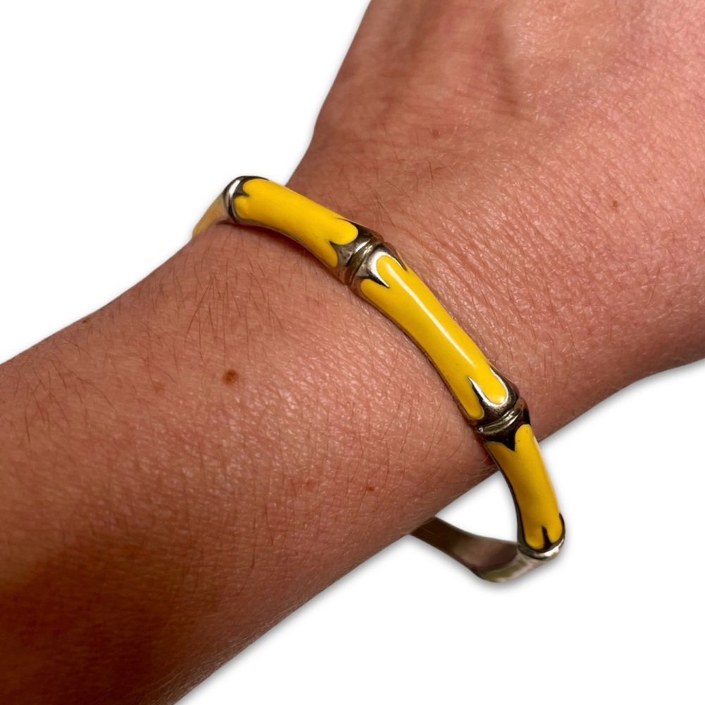 Vintage Silver tone metal bamboo design yellow enamel inlays Bracelet y2k